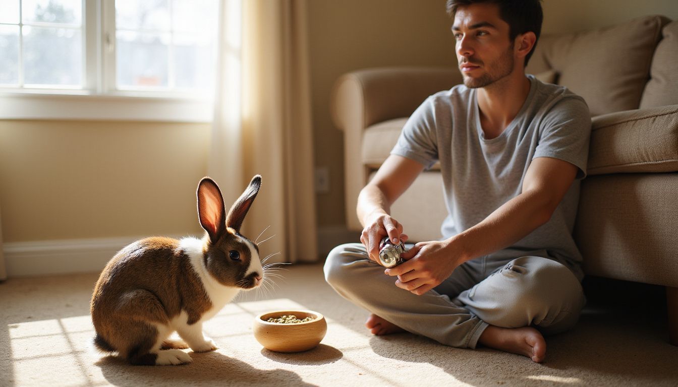 A man trains a focused rabbit, both engaged in a patient moment in a cozy living room. A man trains a focused rabbit, both engaged in a patient moment in a cozy living room.