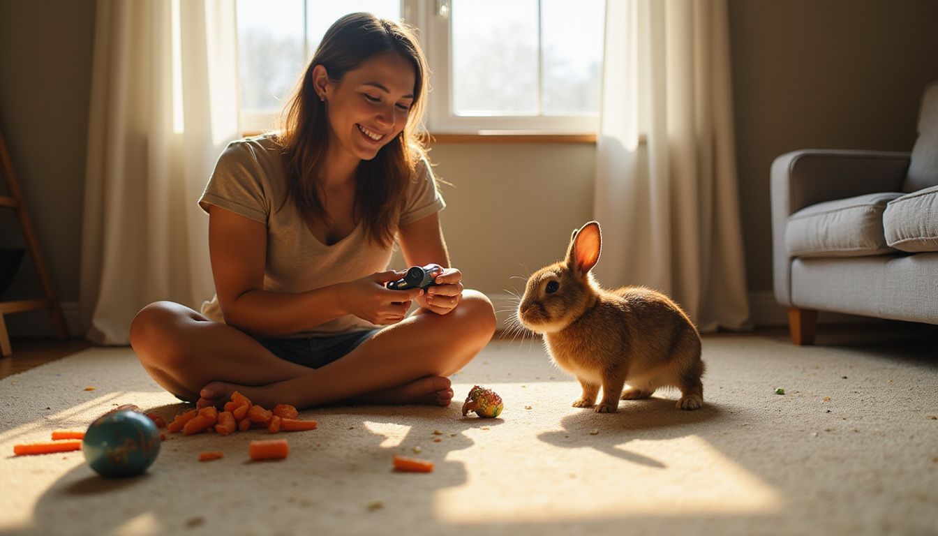 A young person smiles while training a rabbit with carrot sticks in a cozy living room. A young person smiles while training a rabbit with carrot sticks in a cozy living room.