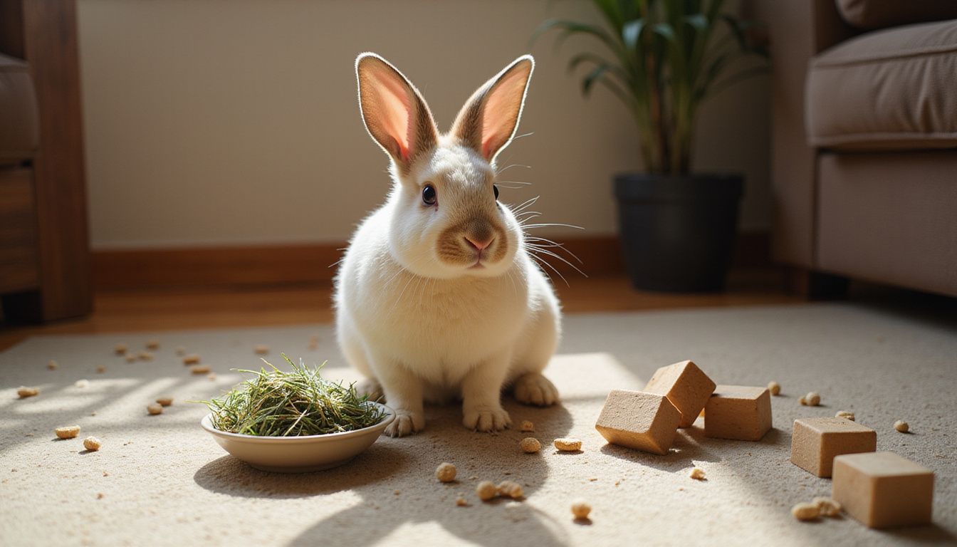 A cream-colored rabbit sits upright on a carpet, surrounded by toys, hay, and a clicker on a side table. A cream-colored rabbit sits upright on a carpet, surrounded by toys, hay, and a clicker on a side table.