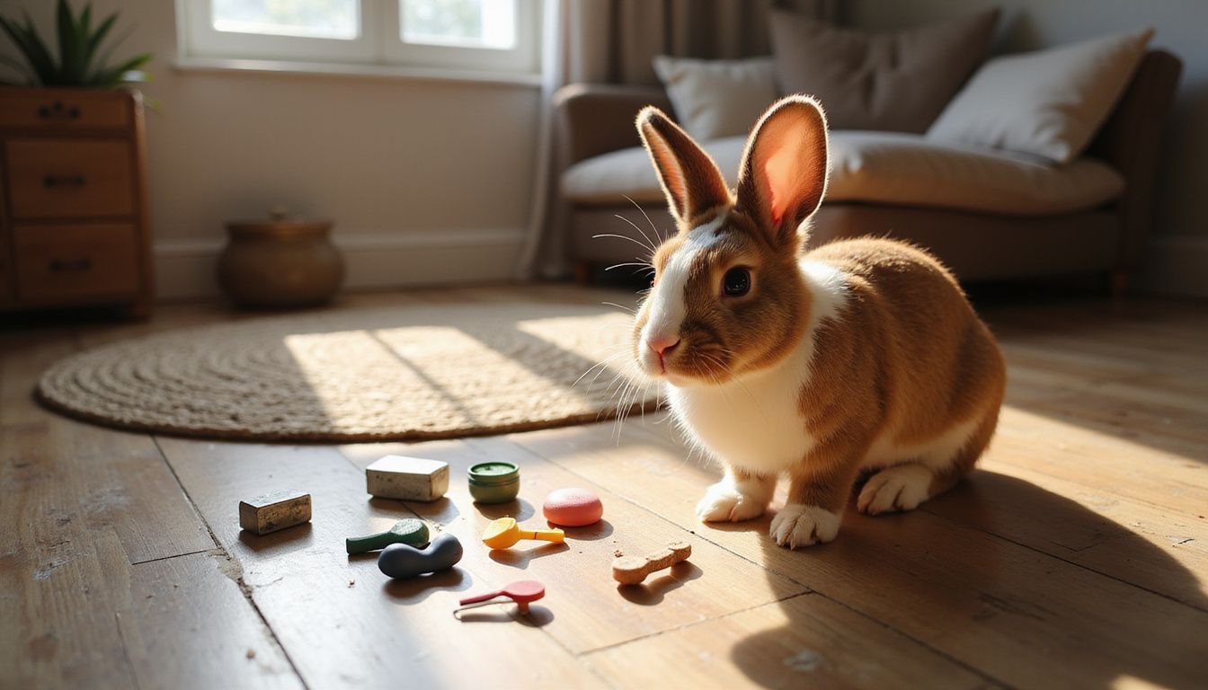 A curious brown and white Dutch rabbit observes various clicker training tools on a weathered hardwood floor. A curious brown and white Dutch rabbit observes various clicker training tools on a weathered hardwood floor.
