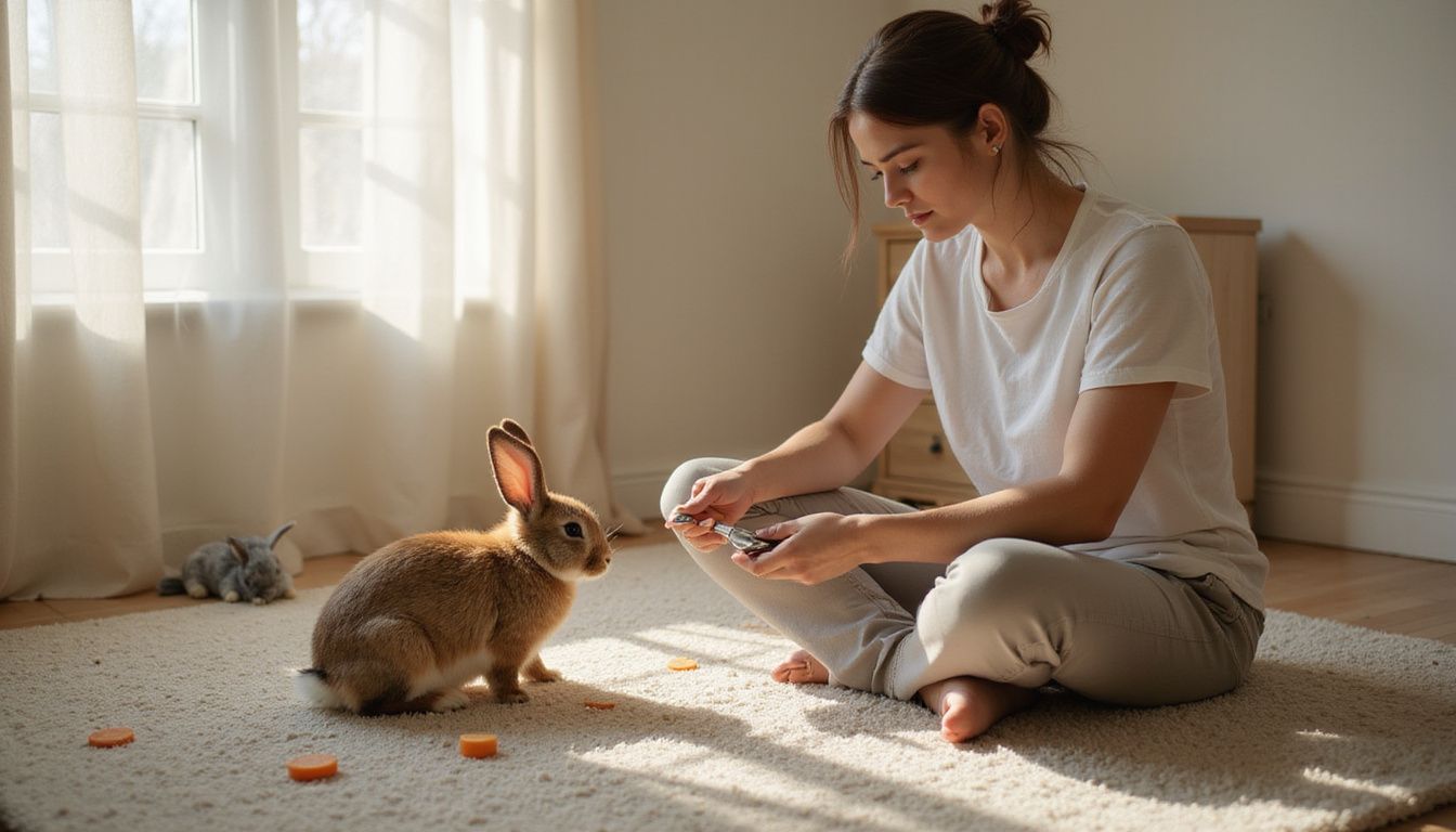 A woman trains a brown and white rabbit using a clicker and carrot slice in a cozy bedroom. A woman trains a brown and white rabbit using a clicker and carrot slice in a cozy bedroom.