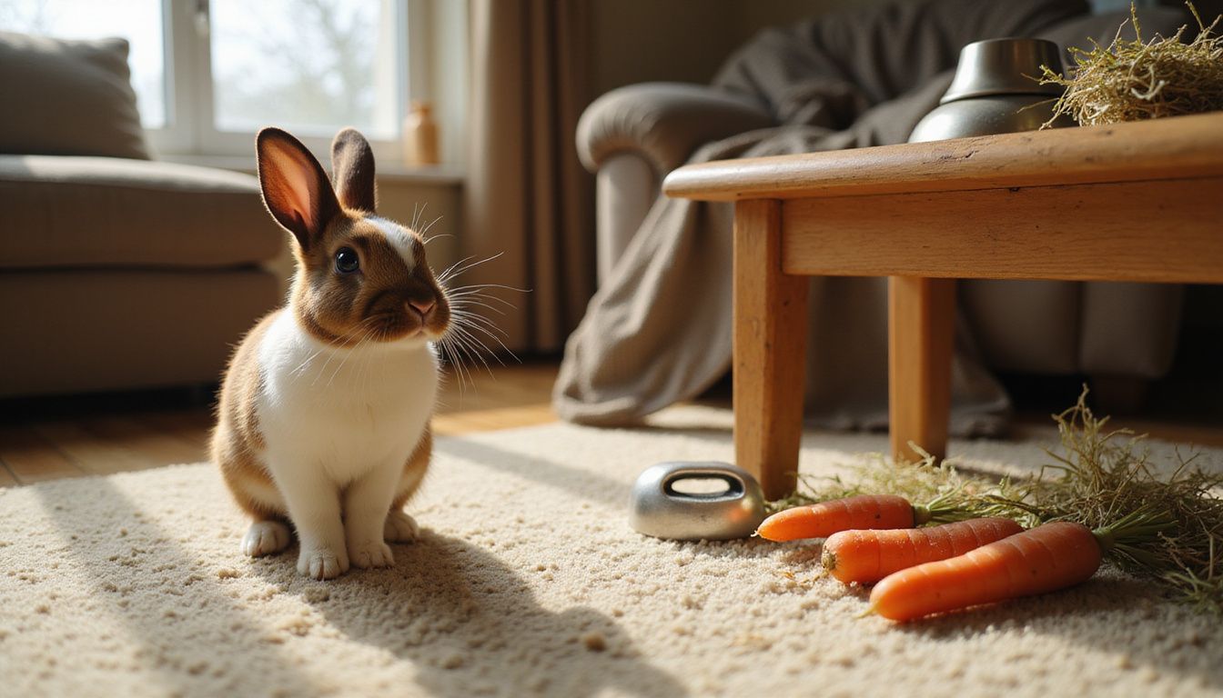 A brown and white rabbit sits alert on a plush carpet beside a clicker, fresh carrots, and scattered hay. A brown and white rabbit sits alert on a plush carpet beside a clicker, fresh carrots, and scattered hay.