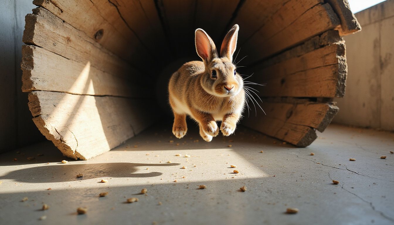 A brown rabbit leaps through a weathered wooden tunnel, showcasing its athleticism and focus amidst scattered treats on the floor. A brown rabbit leaps through a weathered wooden tunnel, showcasing its athleticism and focus amidst scattered treats on the floor.