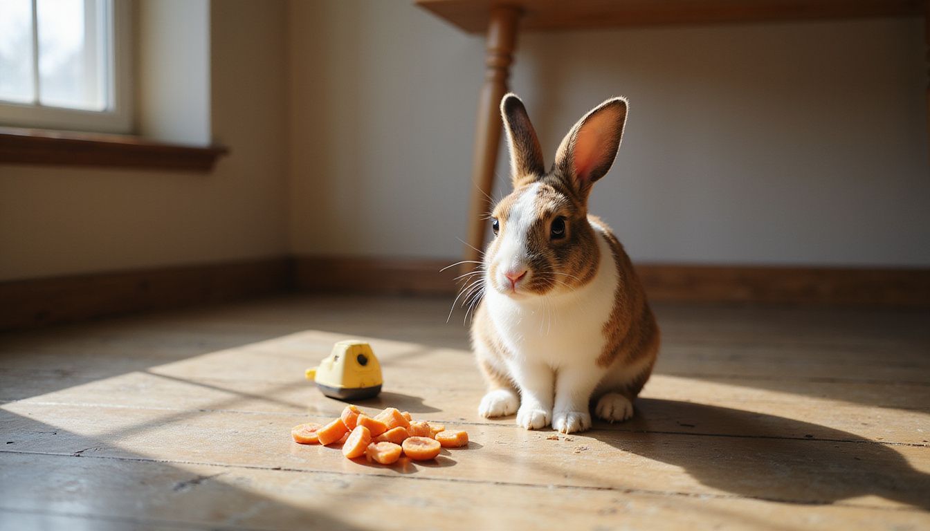A brown and white rabbit sits alert on a wooden floor near a clicker and carrot pieces. A brown and white rabbit sits alert on a wooden floor near a clicker and carrot pieces.