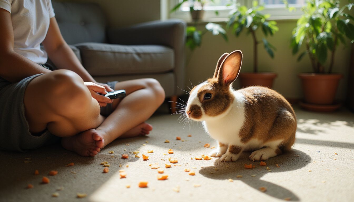 A young adult sits cross-legged on a carpet, focused on a Dutch rabbit nearby amidst scattered carrot pieces. A young adult sits cross-legged on a carpet, focused on a Dutch rabbit nearby amidst scattered carrot pieces.