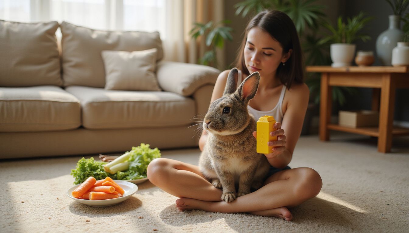 A young adult trains a small Dutch rabbit using a clicker while sitting on a plush carpet in a cozy living room. A young adult trains a small Dutch rabbit using a clicker while sitting on a plush carpet in a cozy living room.