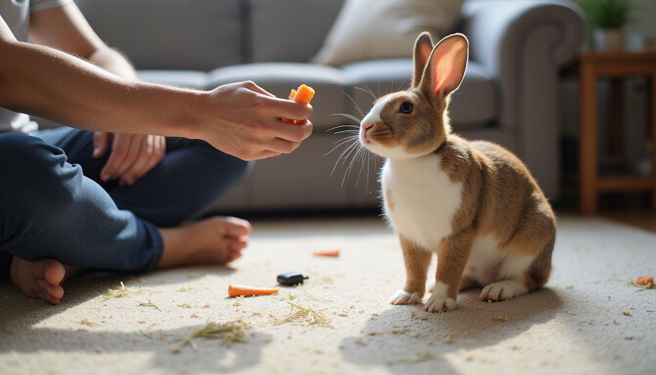 A person sits cross-legged on a carpet, offering a carrot stick to an attentive brown and white rabbit. A person sits cross-legged on a carpet, offering a carrot stick to an attentive brown and white rabbit.