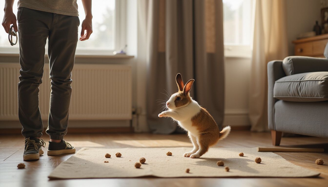 A young adult trains a jumping Holland Lop rabbit using a clicker, surrounded by treats on a canvas mat. A young adult trains a jumping Holland Lop rabbit using a clicker, surrounded by treats on a canvas mat.