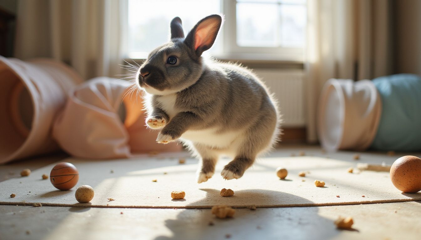 A lively gray and white rabbit leaps playfully over training obstacles in a cozy indoor space. A lively gray and white rabbit leaps playfully over training obstacles in a cozy indoor space.
