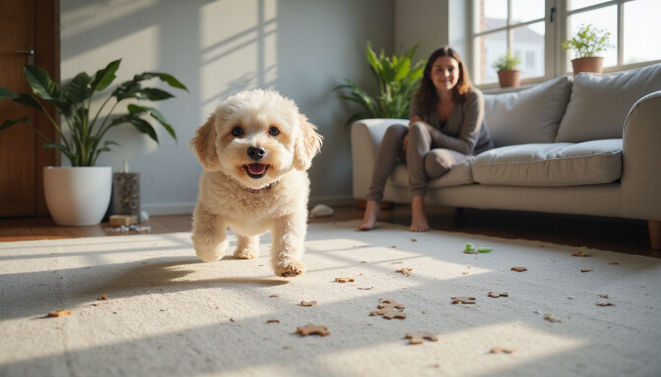 A playful Bichon Frise bounds across a carpet while a relaxed woman enjoys the moment on a nearby sofa.