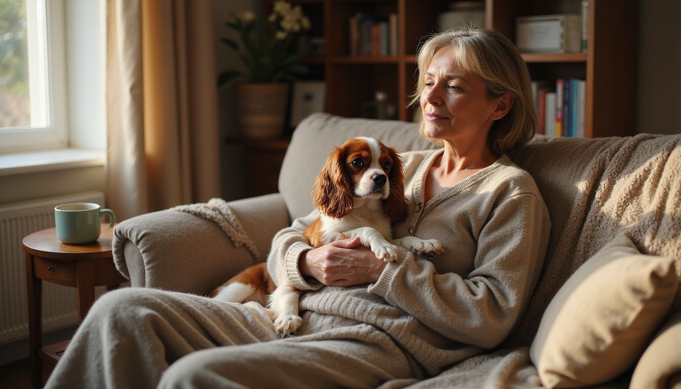A middle-aged woman in cozy loungewear lovingly holds a small Cavalier King Charles Spaniel on a worn sofa.