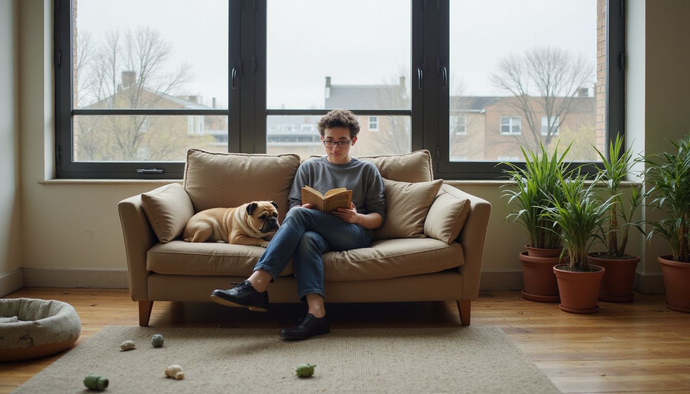 A young adult relaxes on a sectional sofa with a French Bulldog, absorbed in reading a worn paperback novel.