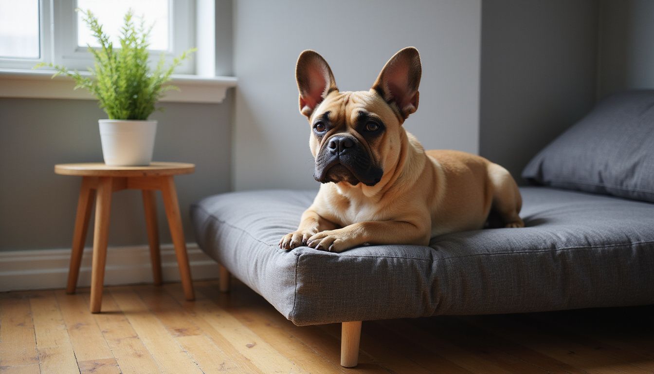A fawn-colored French Bulldog rests contentedly on a plush bed in a cozy studio apartment.