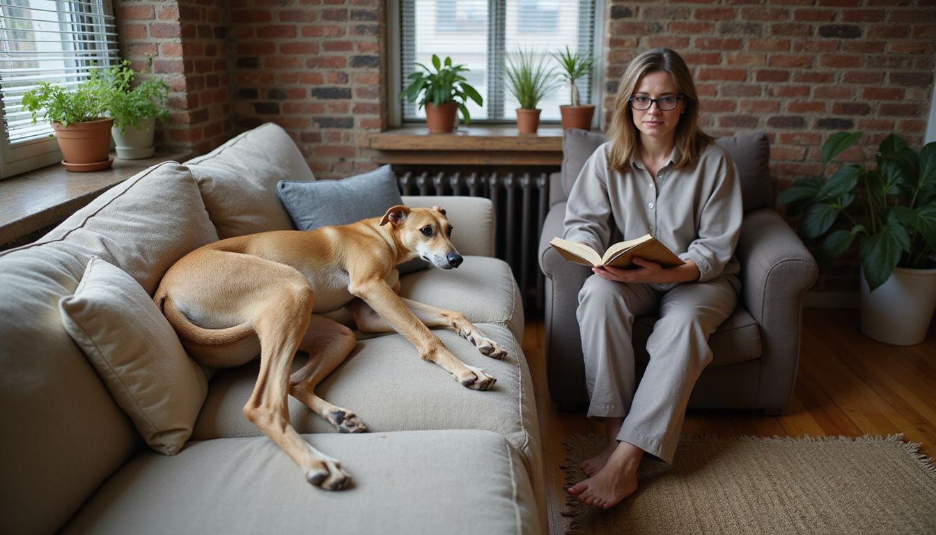 A relaxed greyhound lounges on a worn couch while a woman reads nearby, embodying quiet companionship in a cozy apartment.