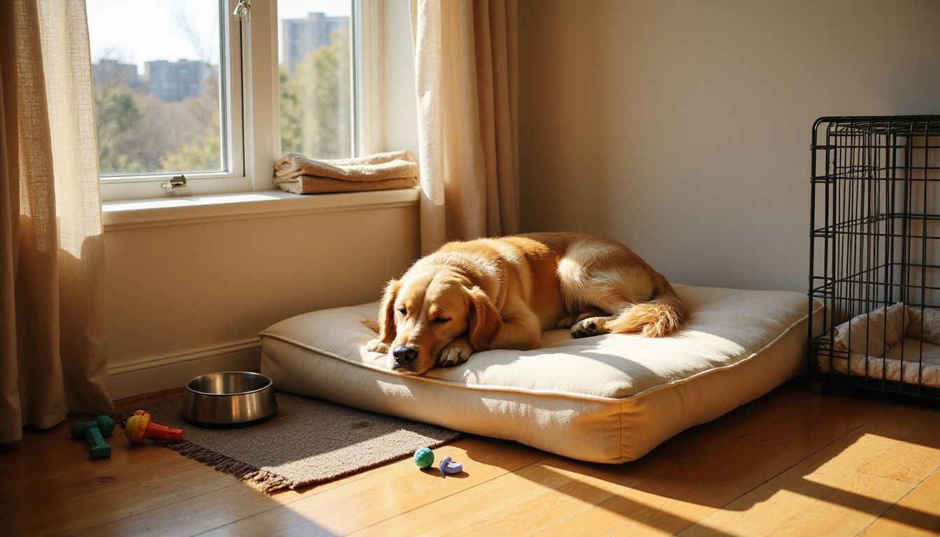 A golden retriever sleeps peacefully on an orthopedic bed in a cozy, lived-in apartment.