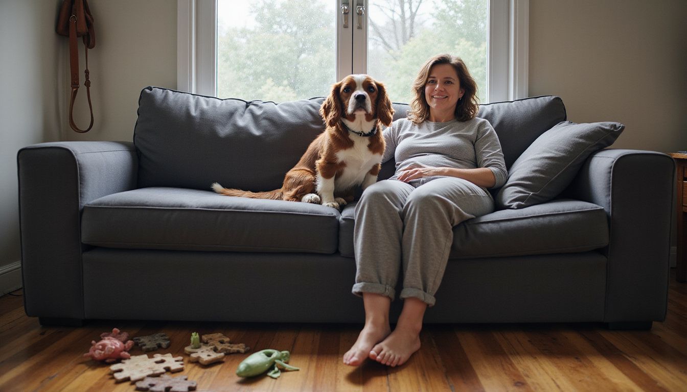 A relaxed woman and her Cavalier King Charles Spaniel cozy up in a lived-in living room on a rainy afternoon.