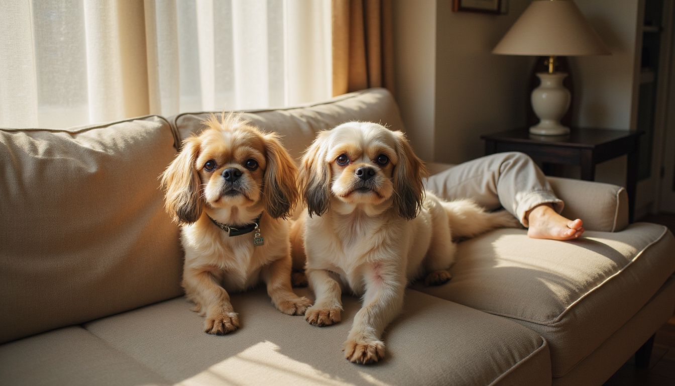 A Shih Tzu and a woman share a peaceful moment together on a cozy couch in a small apartment.
