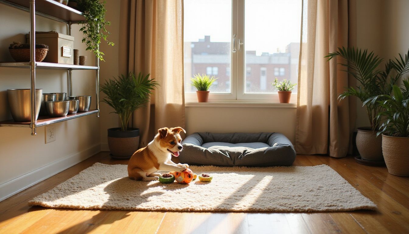 A cozy modern studio apartment features a focused terrier playing with puzzle toys amidst organized pet supplies and plants.