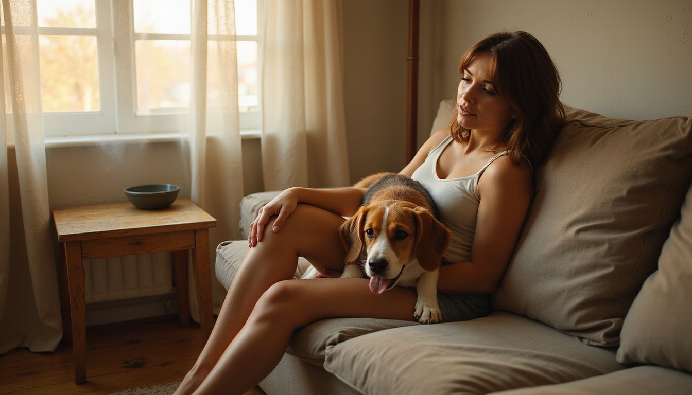 A woman relaxes on a sofa with her beagle, enjoying a cozy moment in a modest living room.