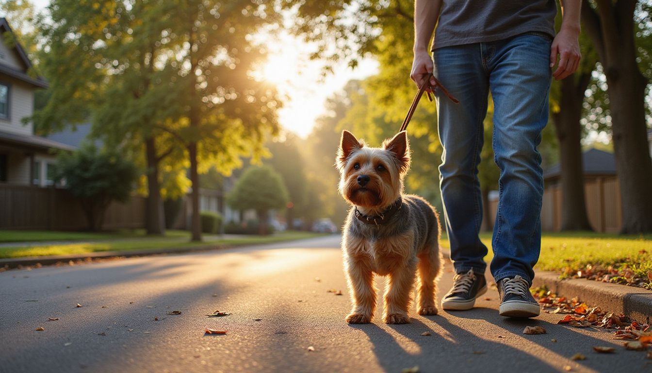 A Yorkshire Terrier walks alongside its relaxed owner on a quiet, residential street during a peaceful afternoon stroll.