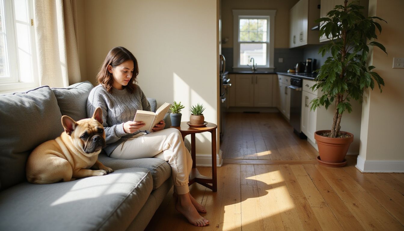 A relaxed French Bulldog sits on a cushion while a woman reads intently nearby in a cozy studio setting.