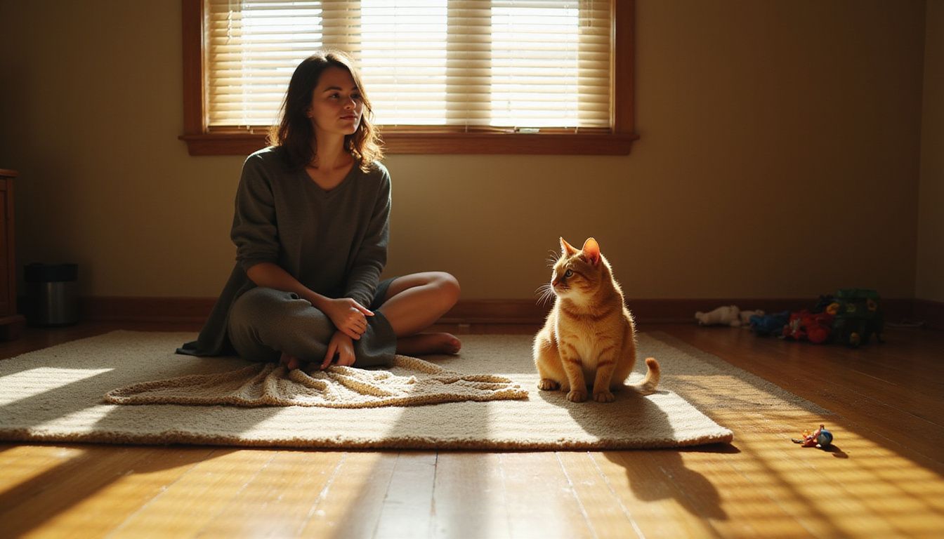 A contemplative person sits barefoot on the carpet, while an orange tabby cat watches curiously from the hardwood floor.