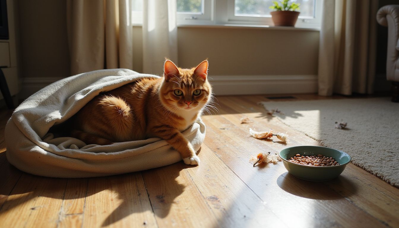 An anxious orange tabby cat with matted fur cautiously emerges from a cat bed in a lived-in living room.