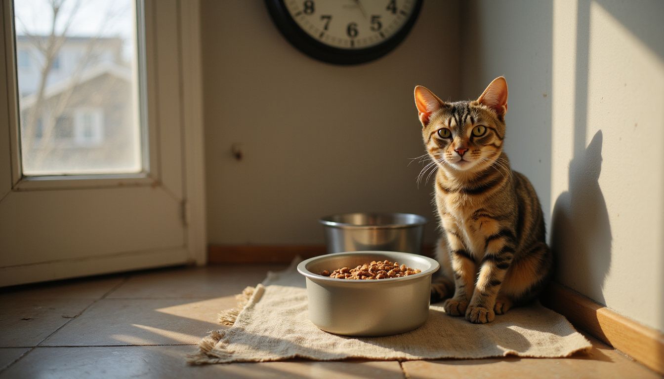 A calm tabby rescue cat sits beside a food bowl in a cozy kitchen corner, enjoying a quiet morning.
