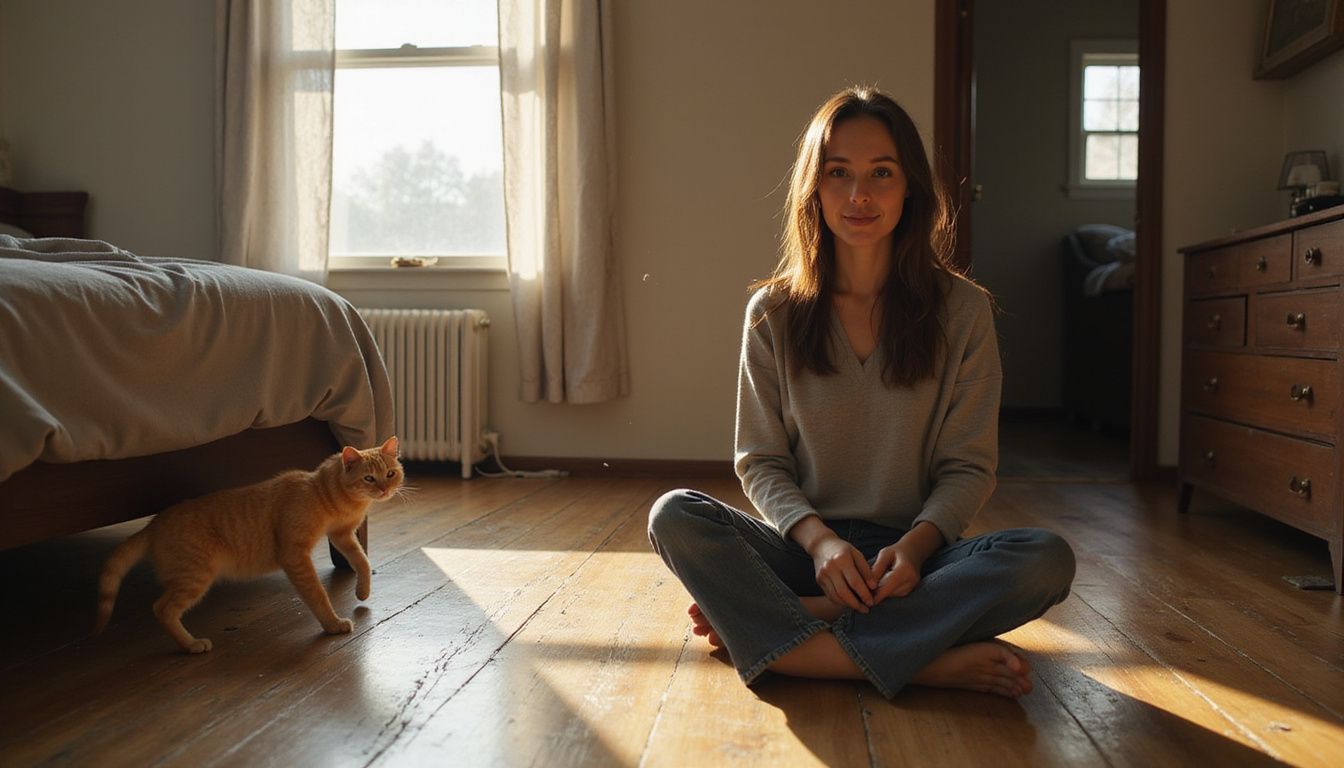 A serene woman sits cross-legged on a wooden floor while an orange tabby cat explores the room cautiously.