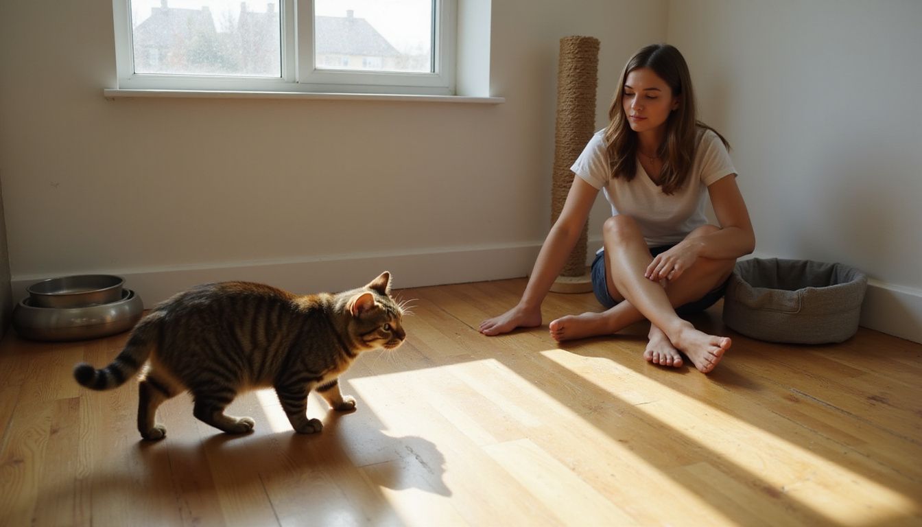 A woman sits barefoot, observing her tabby cat exploring a minimalist, lived-in space.