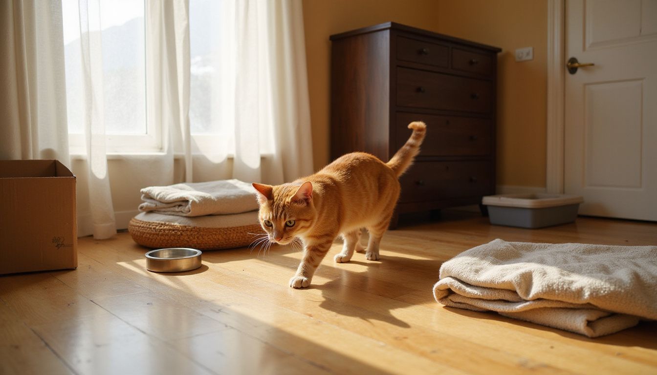 A cautious ginger tabby cat explores a tidy bedroom filled with soft textures and cozy resting spots.