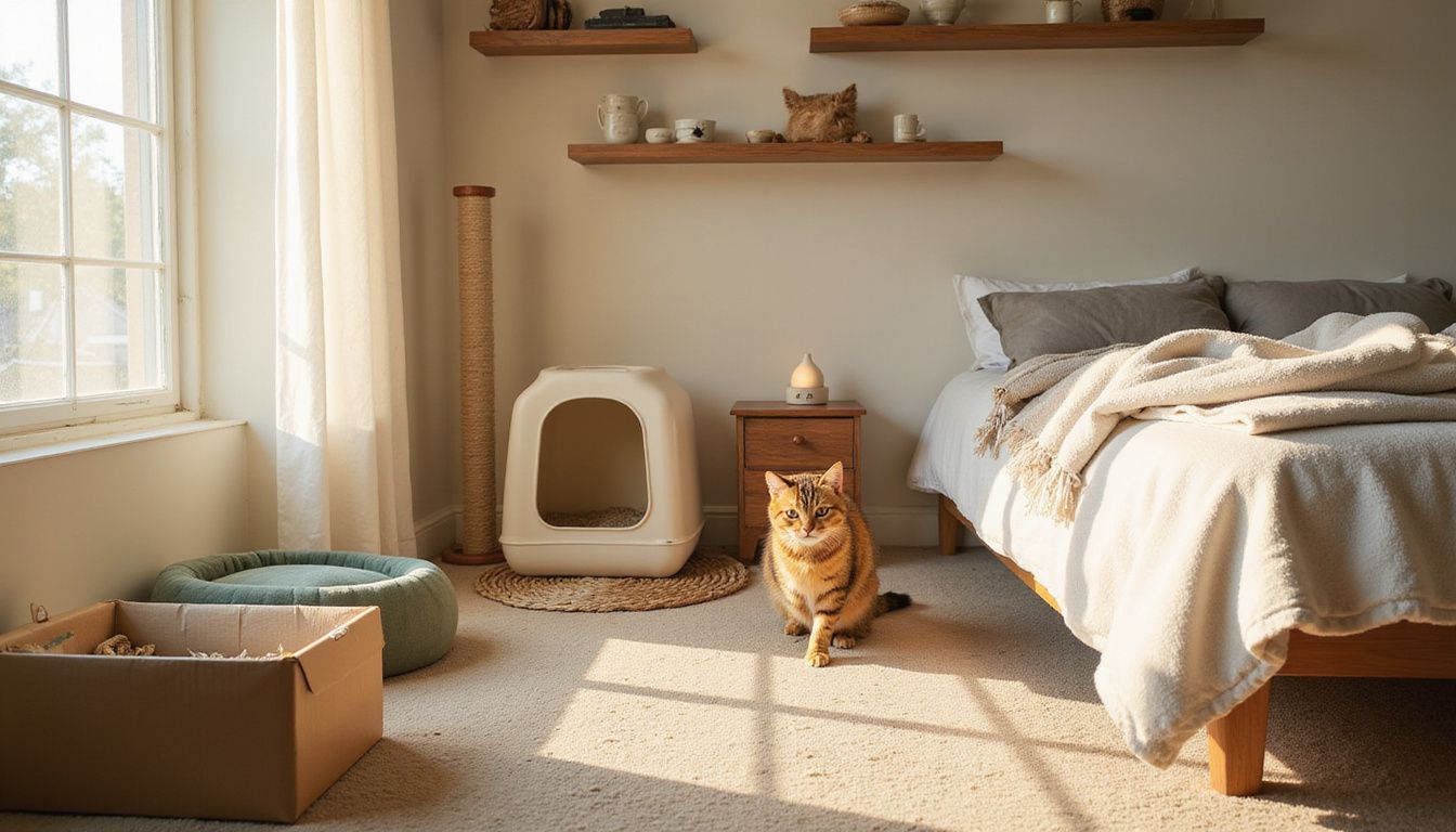A curious tabby cat explores a serene, cozy bedroom filled with natural textures and cat-friendly amenities.