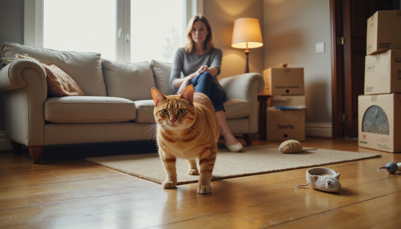 An orange tabby cat explores its new living room while a woman watches encouragingly from the couch.