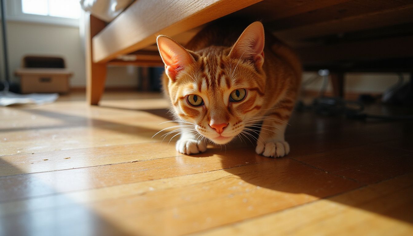 A stressed orange tabby cat crouches under a bed, displaying anxious body language and dilated pupils.