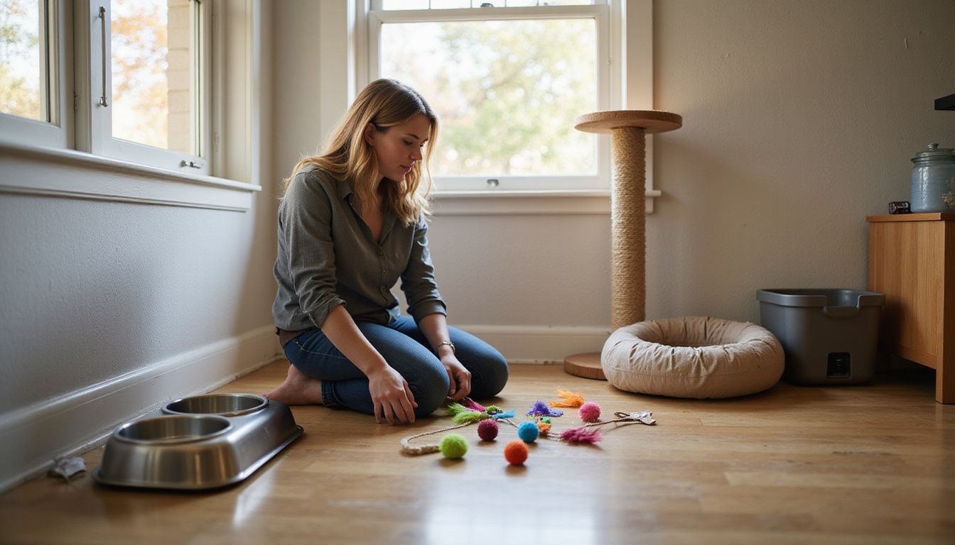 A woman prepares a cozy living room for a new rescue cat, arranging supplies with care and attentiveness.