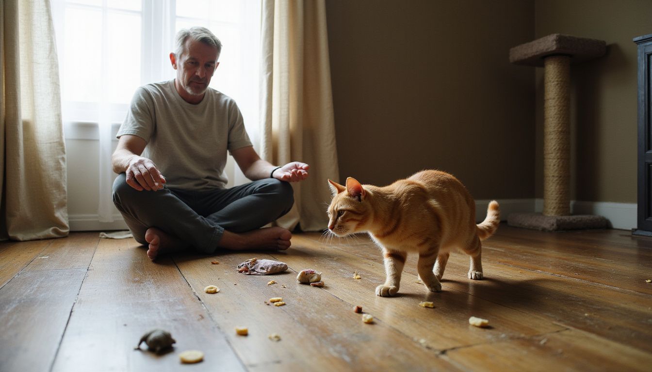 A middle-aged man sits cross-legged on the floor, calmly interacting with a cautious orange tabby cat.