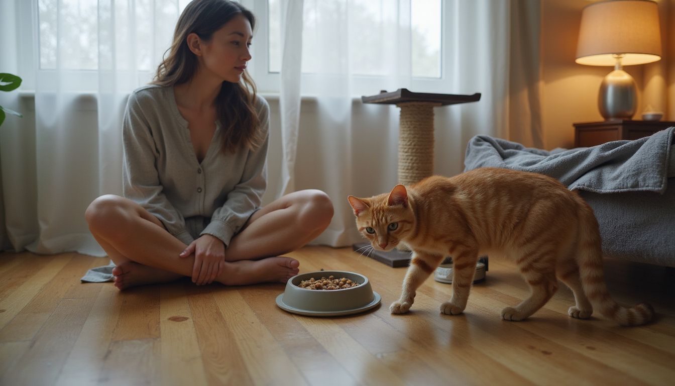 A young woman sits peacefully on the floor, connecting with her curious tabby cat in a cozy bedroom.