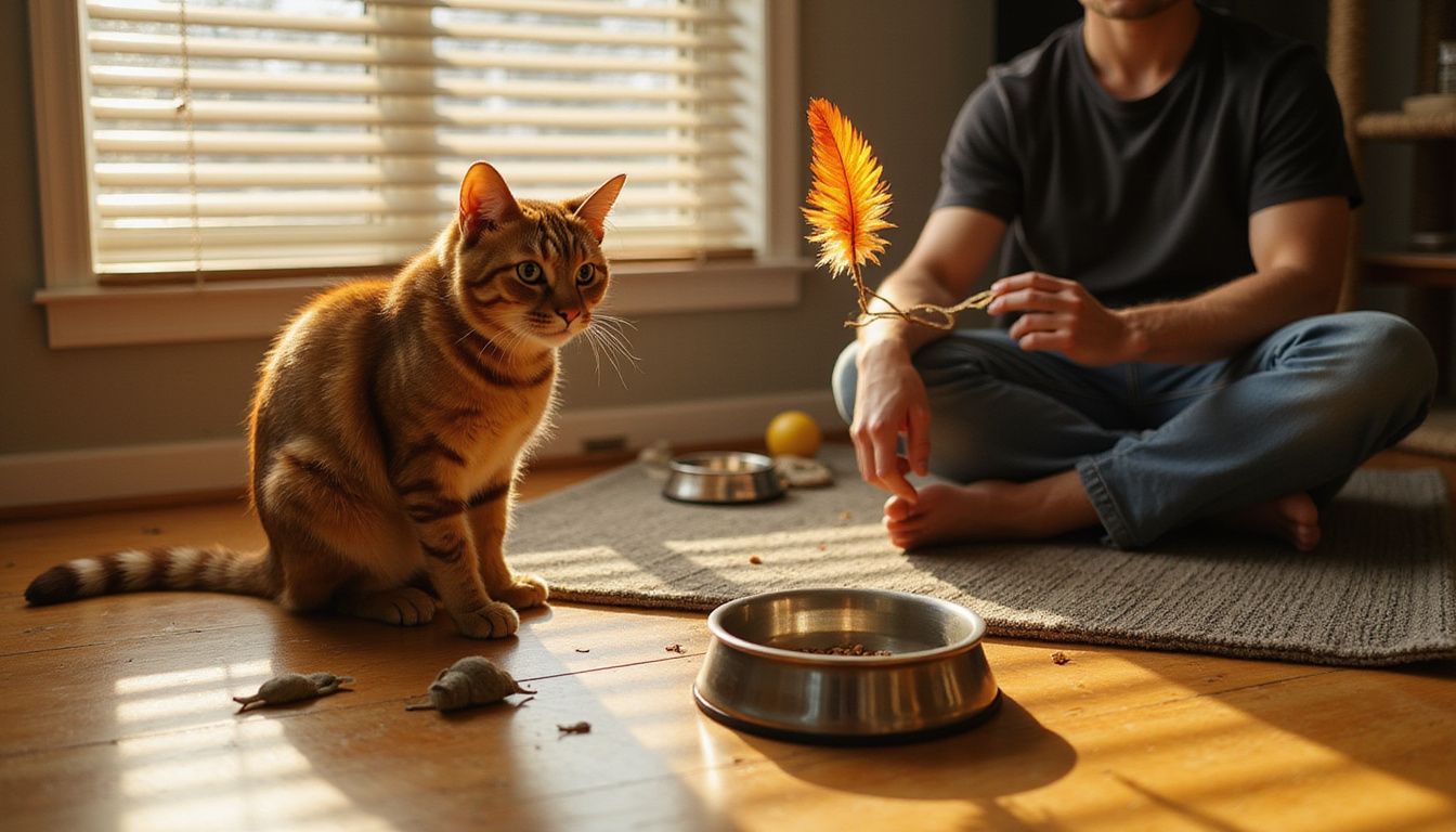 A person plays with a playful orange tabby cat on a hardwood floor surrounded by pet toys and food bowls.