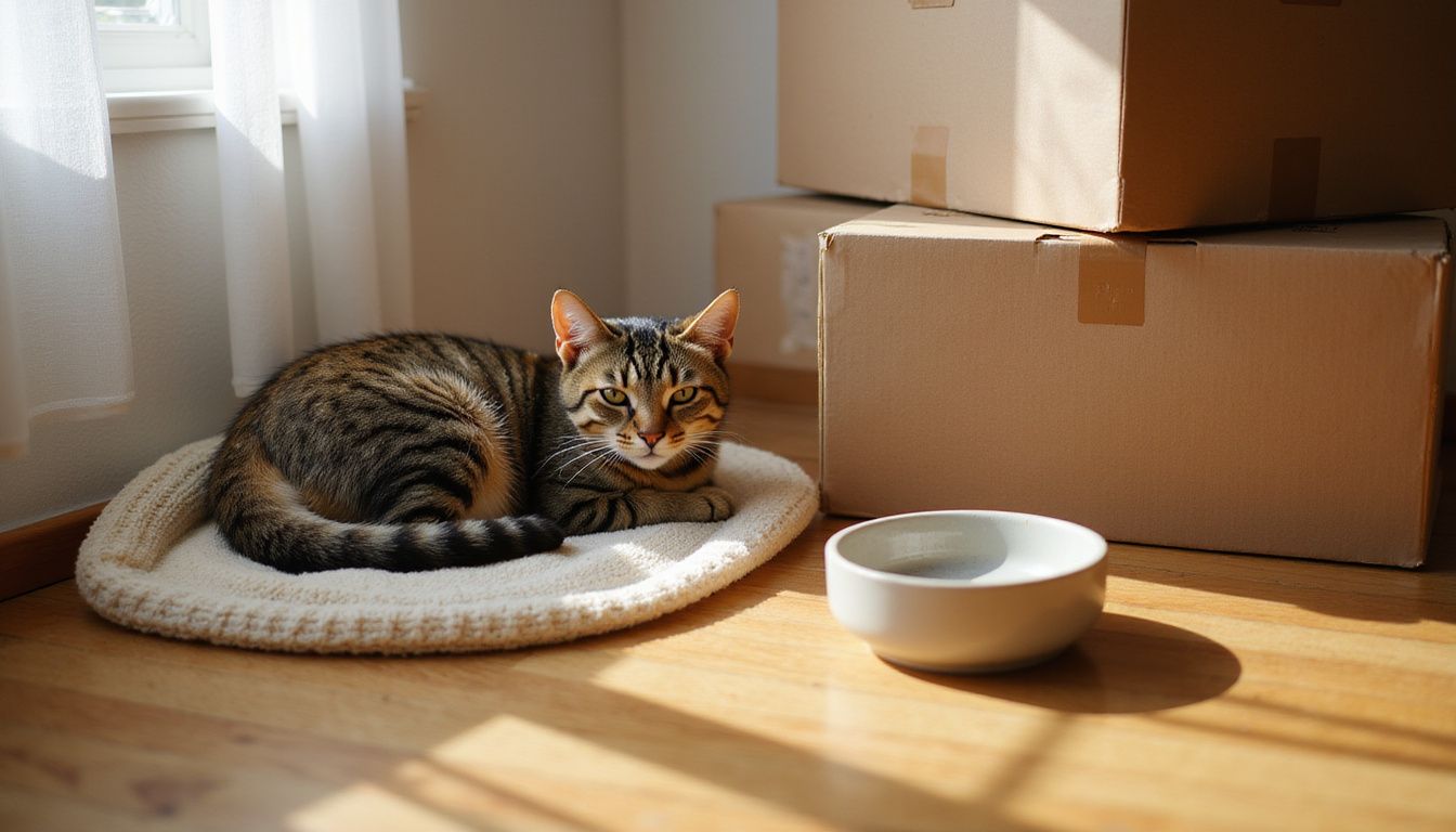 A curled tabby cat rests anxiously on a blanket near stacked moving boxes in a sparse, quiet bedroom.