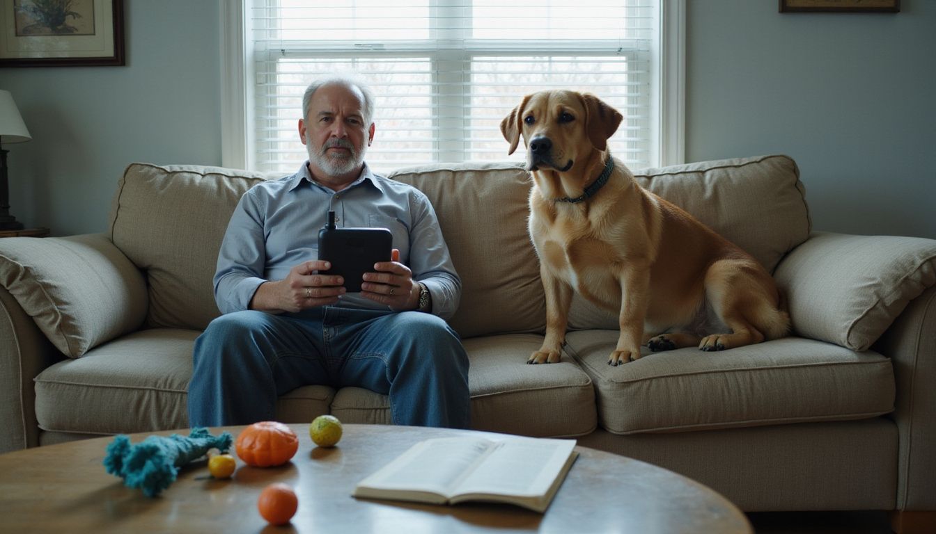 A weary man contemplates dog training challenges with his confused golden retriever.