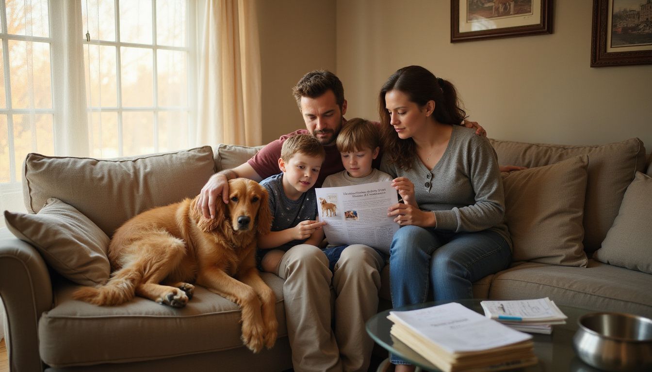 A family examines a dog breed pamphlet together, surrounded by pet care materials and their relaxed golden retriever.