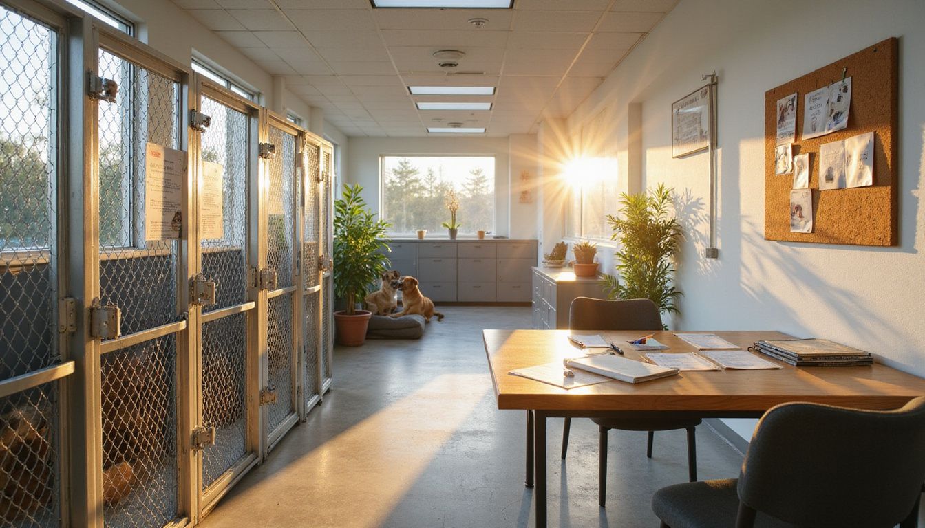 A welcoming animal adoption center features various dogs in kennels and adoption paperwork on an oak desk.