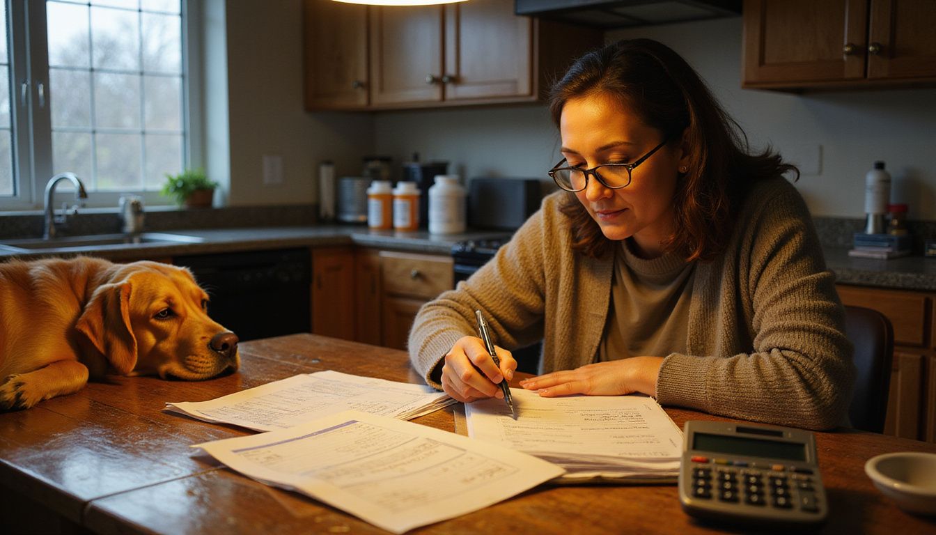 A middle-aged woman reviews veterinary bills and documents at a kitchen table while her golden retriever rests nearby.