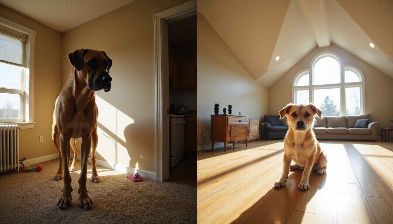 The image contrasts a tense Great Dane in a cramped apartment with a relaxed terrier mix in a spacious home.