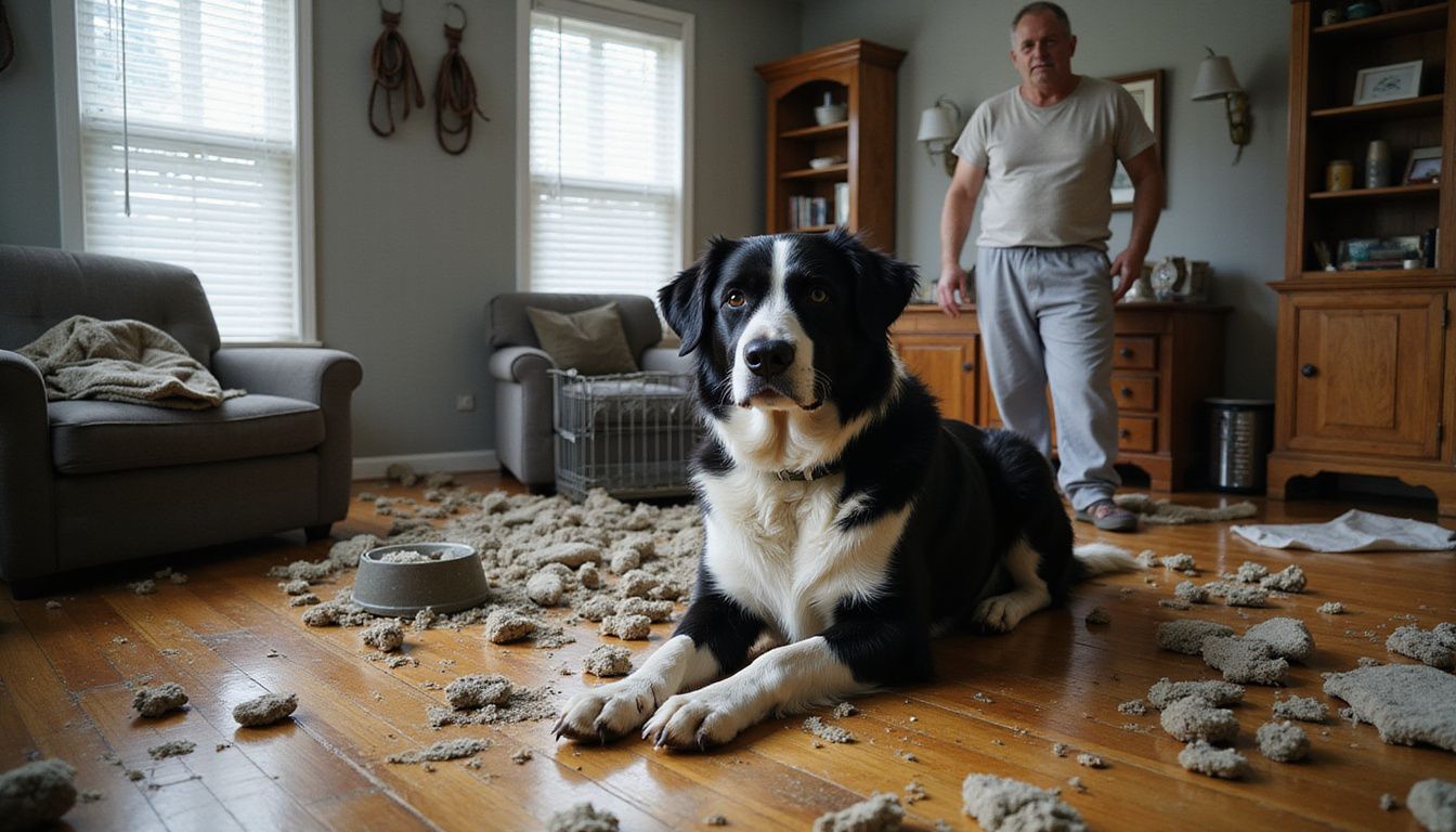 A worn Border Collie sits amid a messy room, surrounded by demolished cushions and scattered dog toys, while an exhausted adult surveys the chaos.