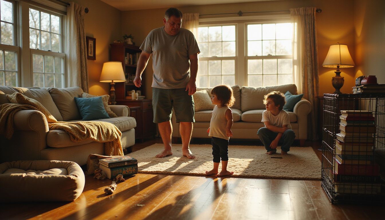 A parent and two children stand around dog supplies, displaying expressions of uncertainty and contemplation in a cozy living room.