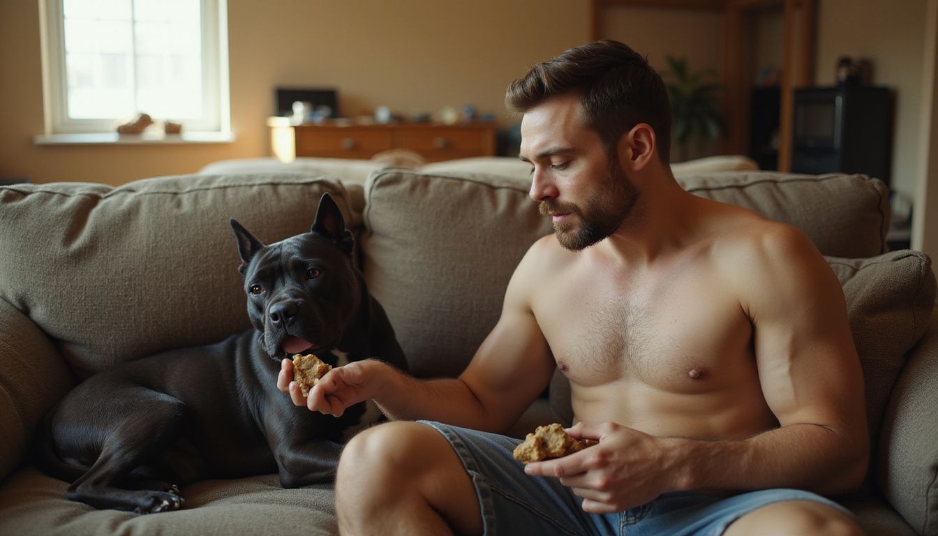 A man trains his attentive American Staffordshire Terrier on a worn couch in a cozy, lived-in apartment.