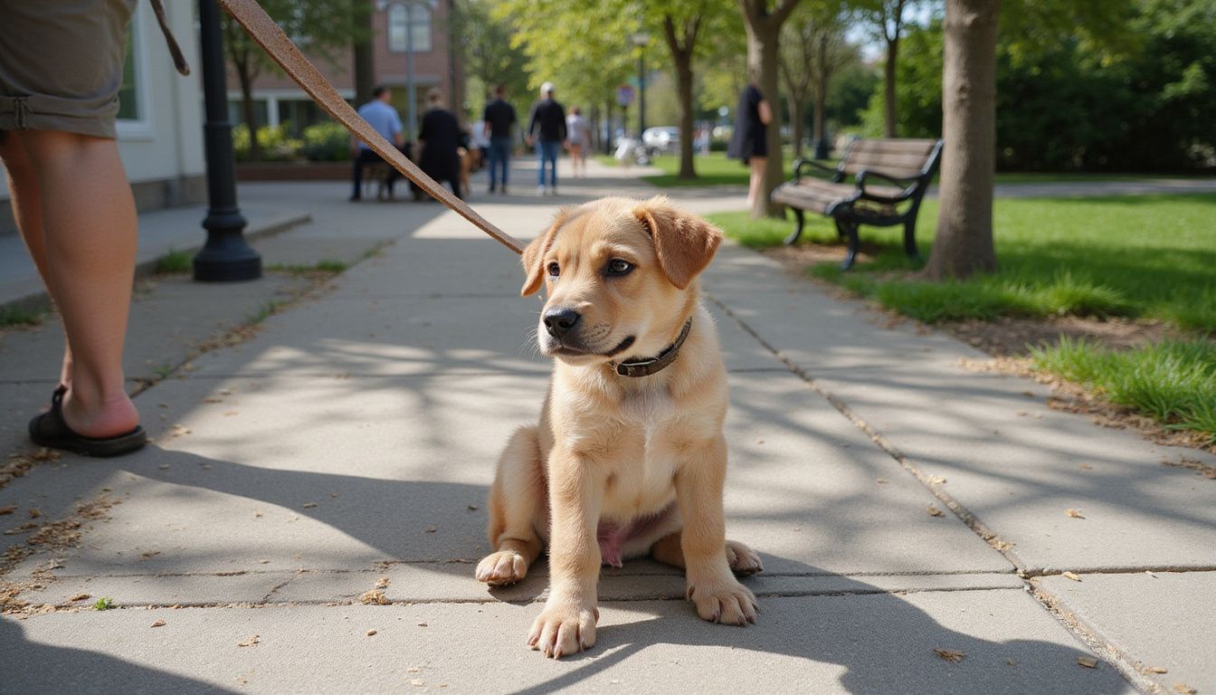 A young puppy sits attentively beside a middle-aged person, both engaged in a moment of companionship on a sidewalk.