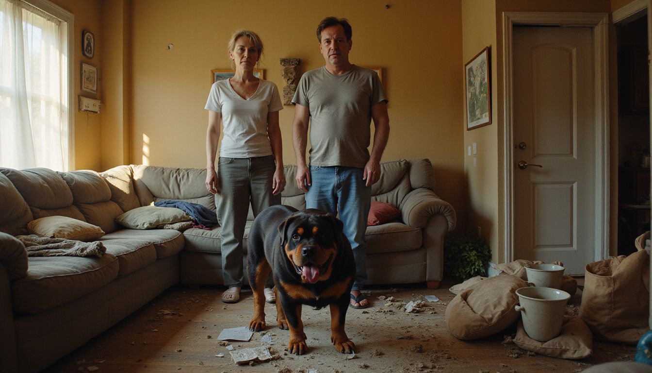 A weary middle-aged couple stands in a cluttered, deteriorating living room with an alert rottweiler beside them.