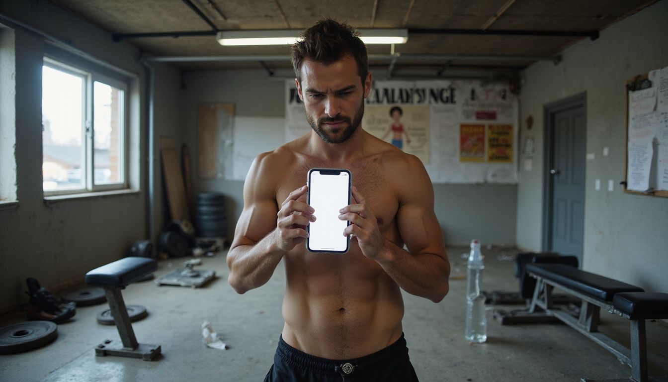 A man expresses frustration while examining training notes in a garage gym.
